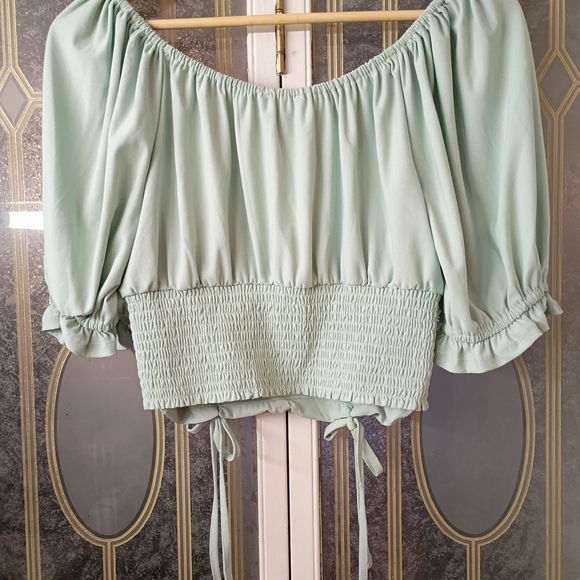 Francesca's Collections Love & Piece Light Green Ruched Blouse - Picture 4 of 6